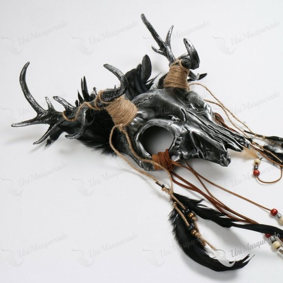 Black Silver Deer Horn Animal Skull Masquerade - Picture 3 of 6